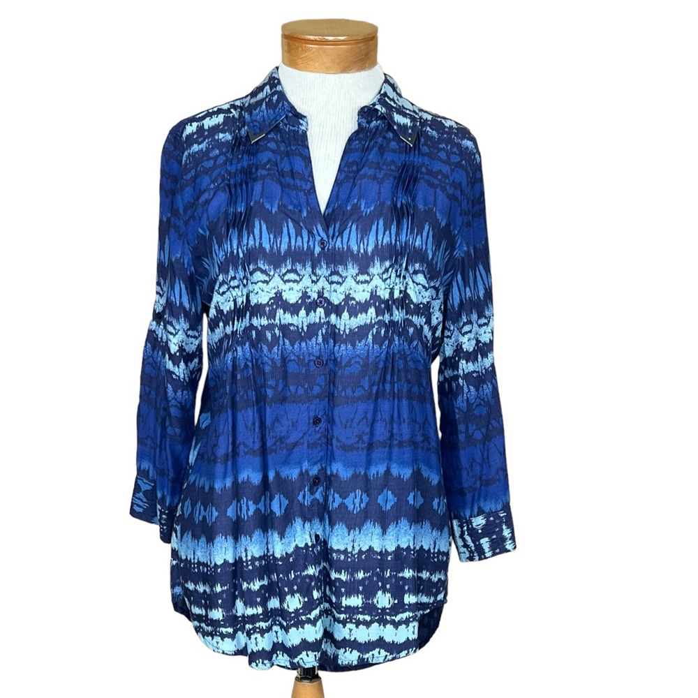 Vintage America Women’s Button Up Blue Tunic With Ink Blot Pattern Small…